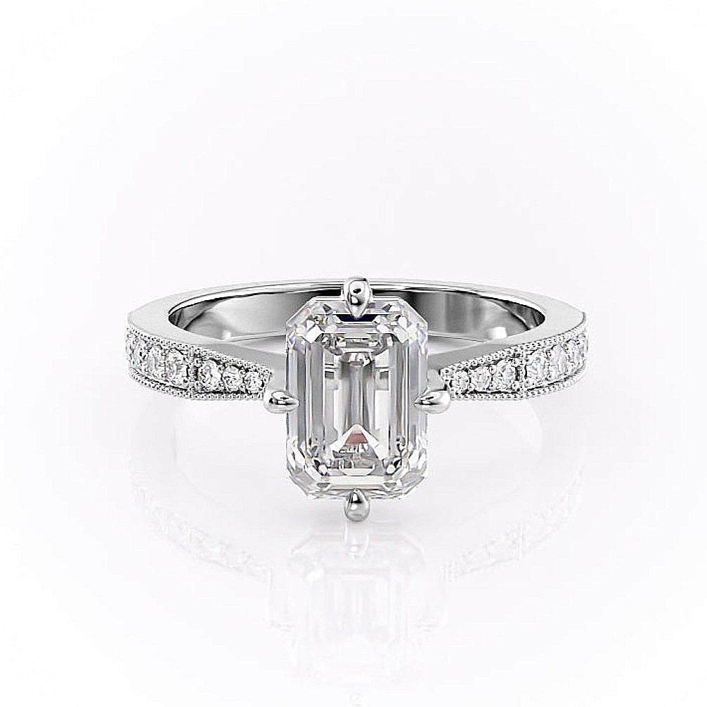 Emerald Cut Lab Diamond Stone Set Shoulders With Milgrain Edge