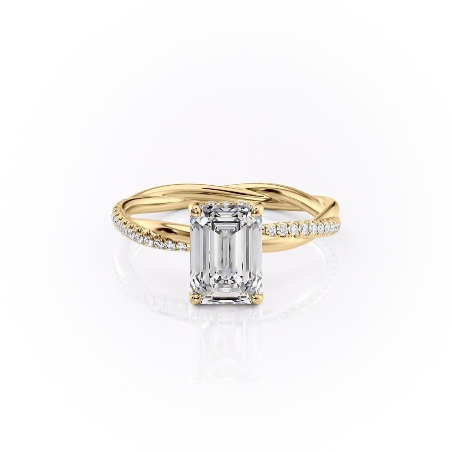 Emerald Cut Lab Diamond Twisted Shoulder Set Ring With Hidden Halo