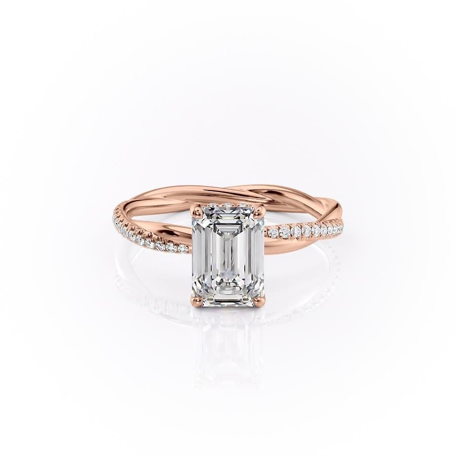 Emerald Cut Lab Diamond Twisted Shoulder Set Ring With Hidden Halo
