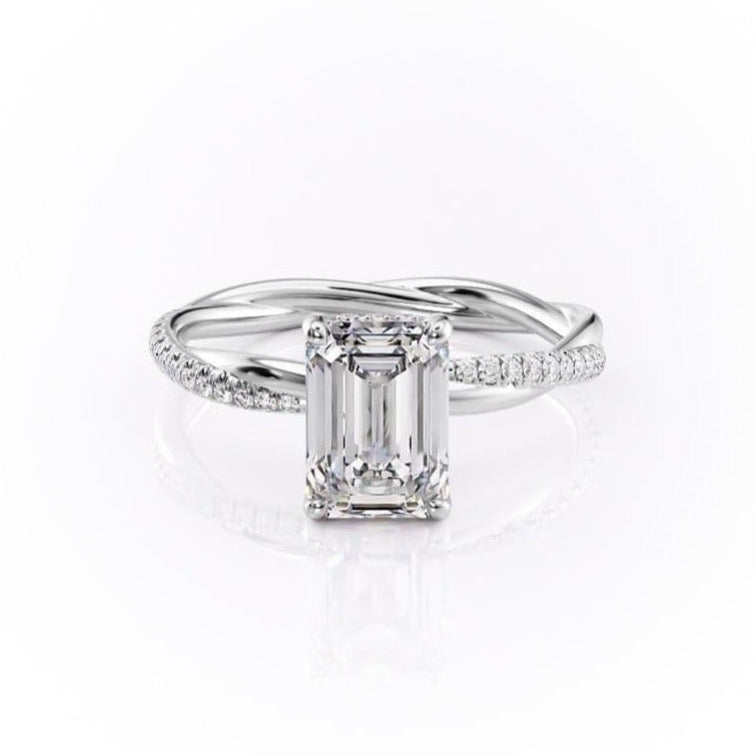 Emerald Cut Lab Diamond Twisted Shoulder Set Ring With Hidden Halo