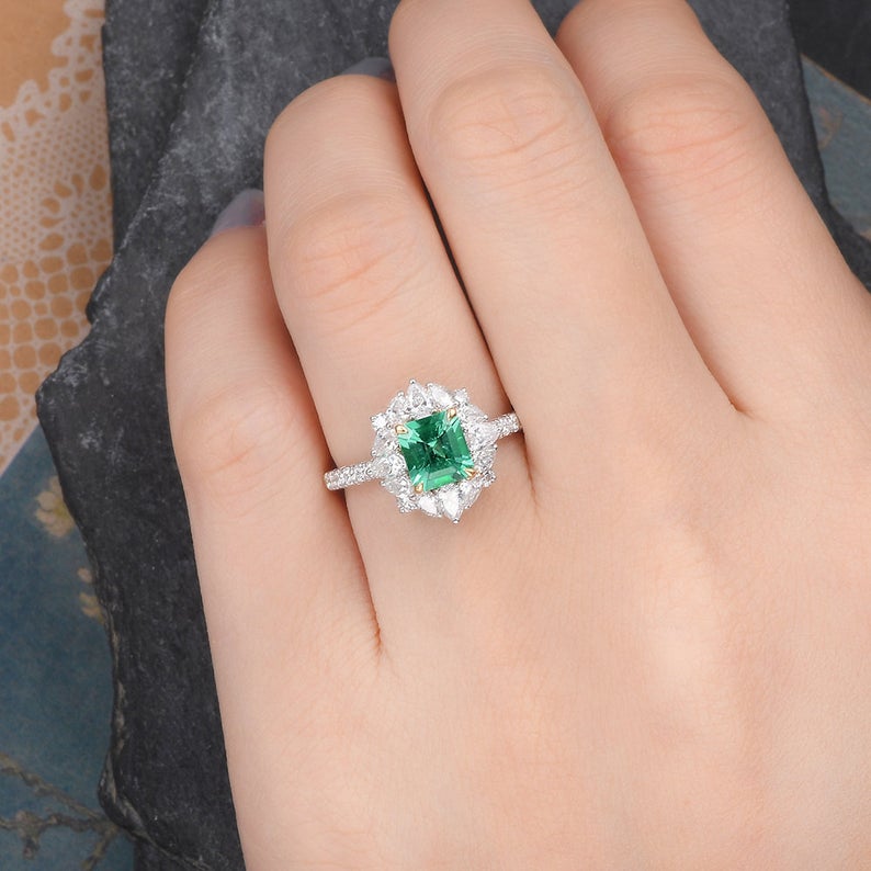 Emerald & Lab Diamond Cocktail Ring, Vintage Inspired