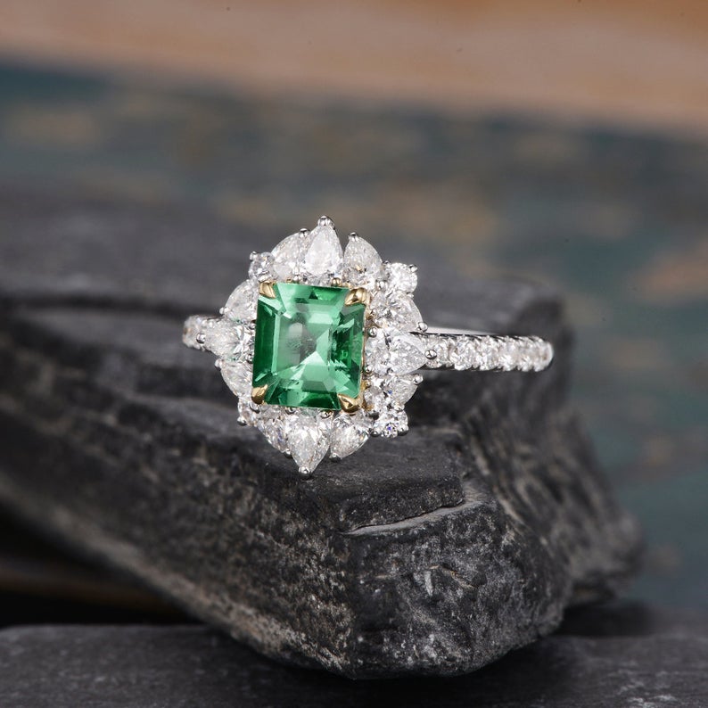 Emerald & Lab Diamond Cocktail Ring, Vintage Inspired