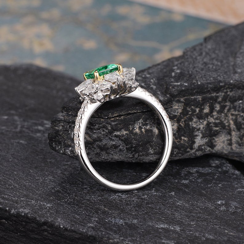 Emerald & Lab Diamond Cocktail Ring, Vintage Inspired