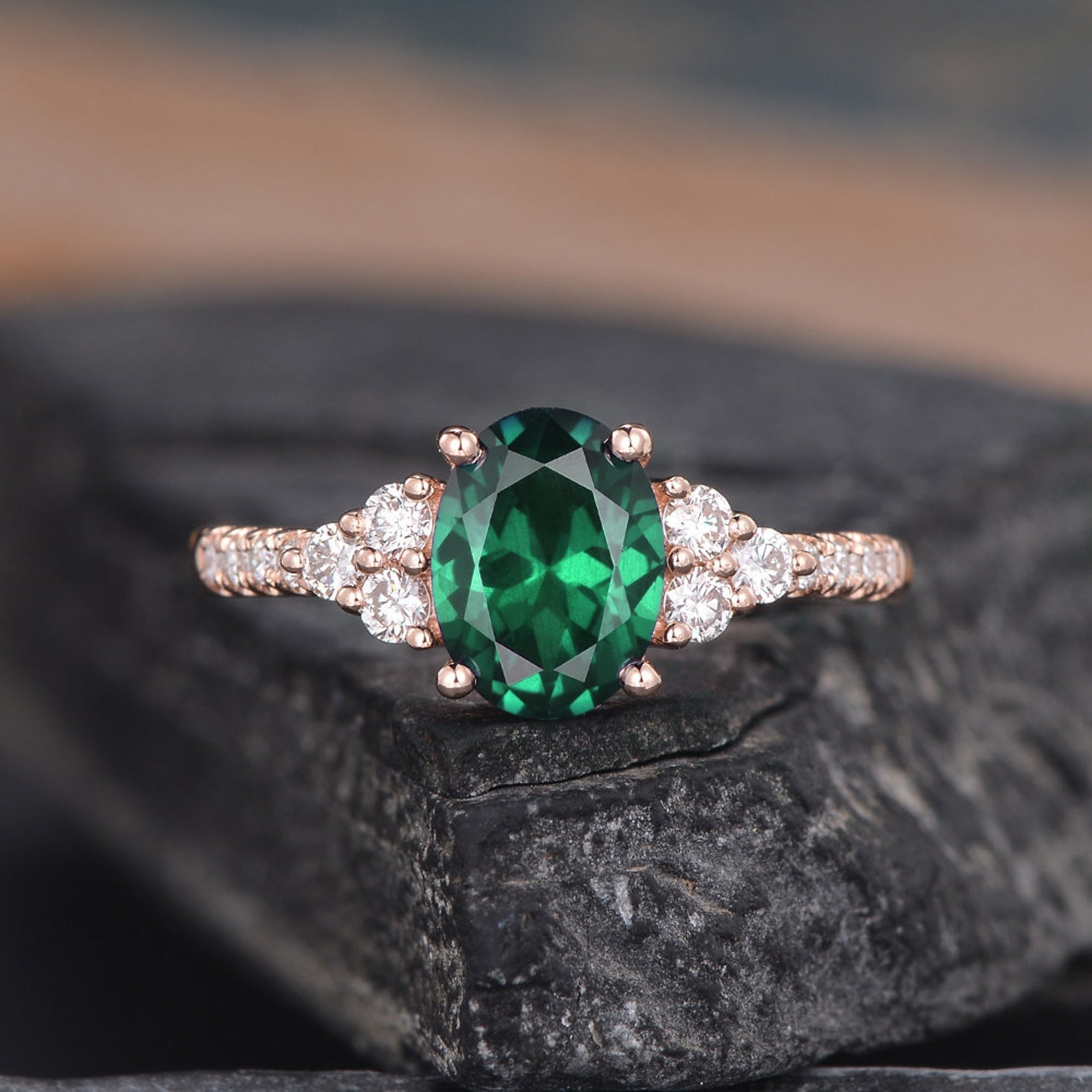Emerald & Lab Diamond Vintage Inspired Ring