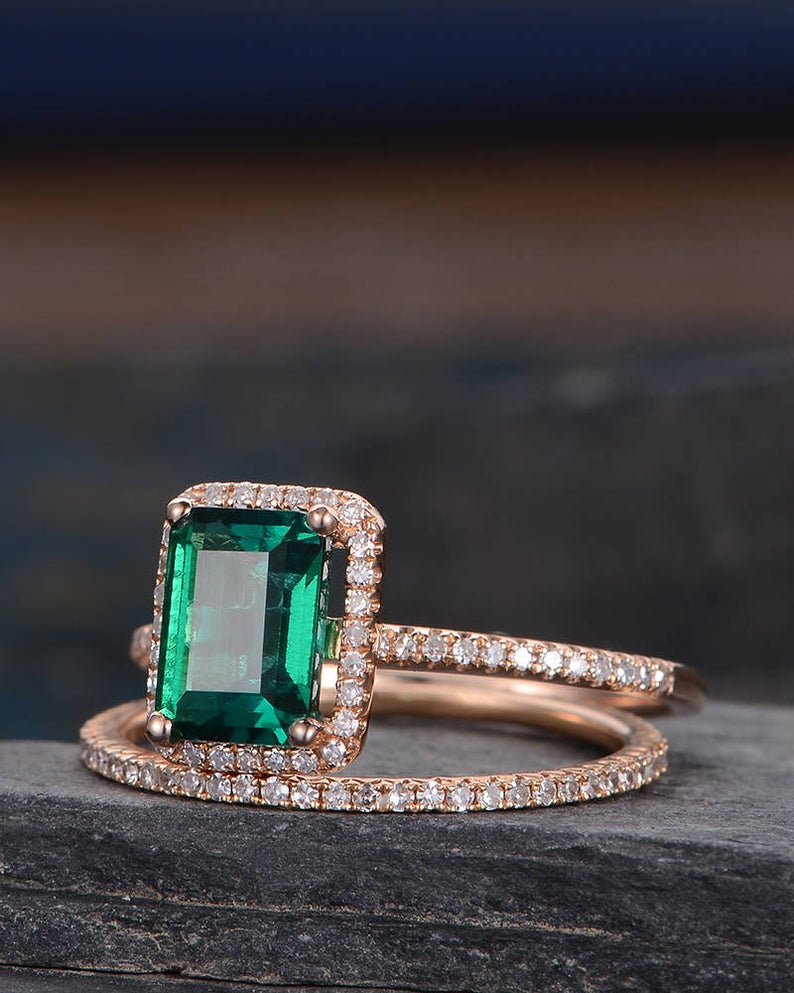 Lab Emerald & Lab Diamond Bridal Ring Set