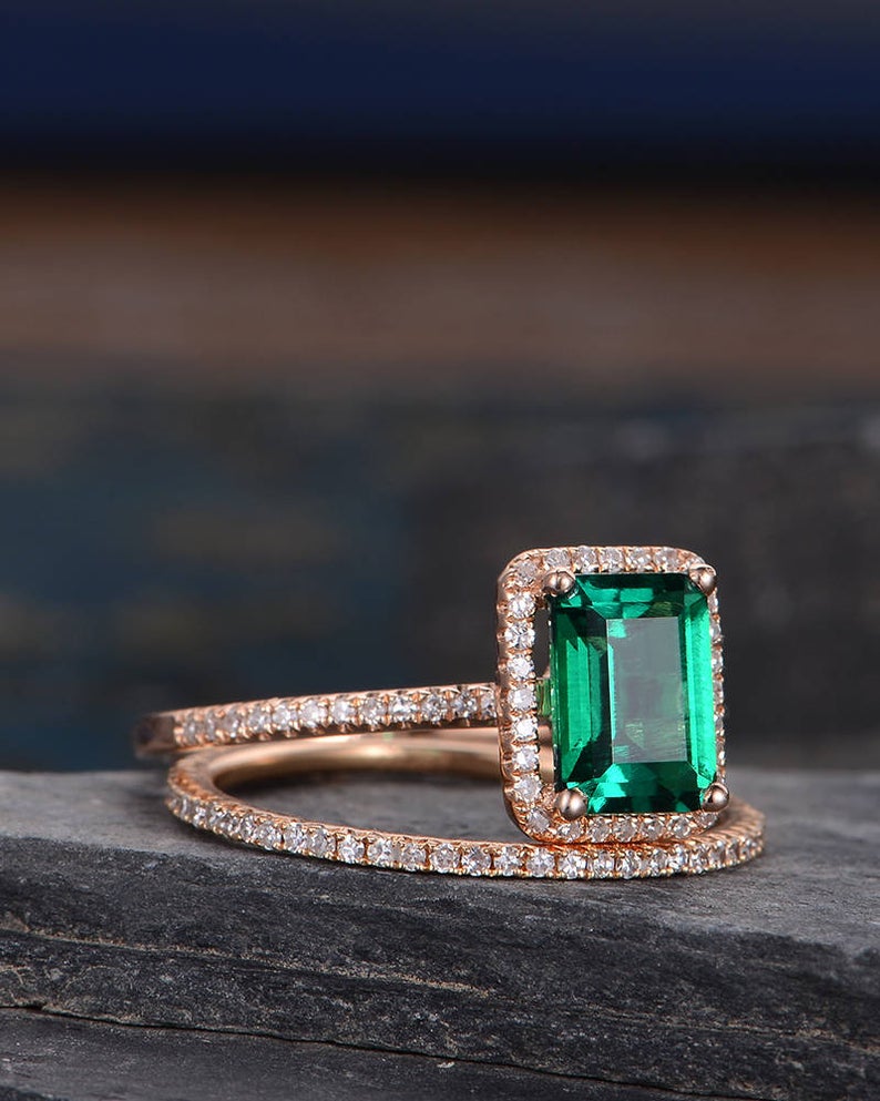 Lab Emerald & Lab Diamond Bridal Ring Set