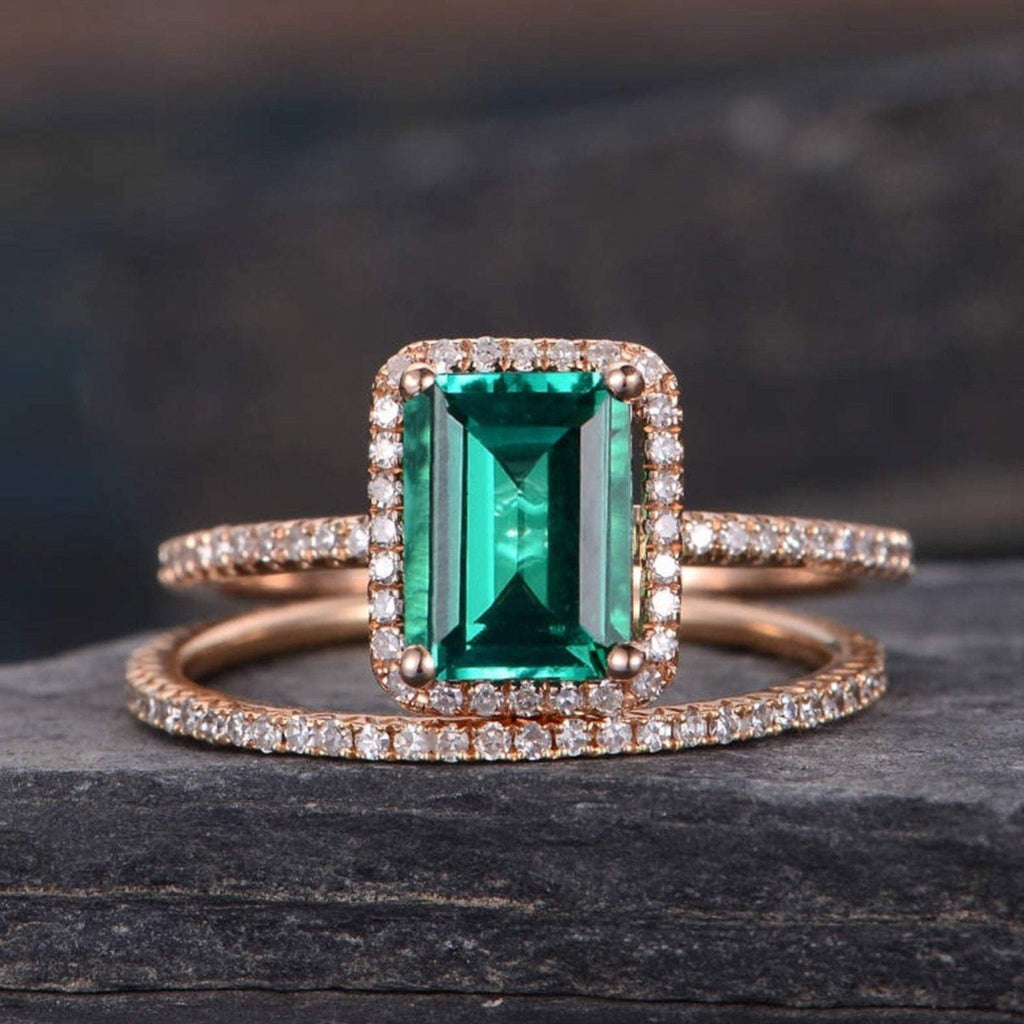 Lab Emerald & Lab Diamond Bridal Ring Set
