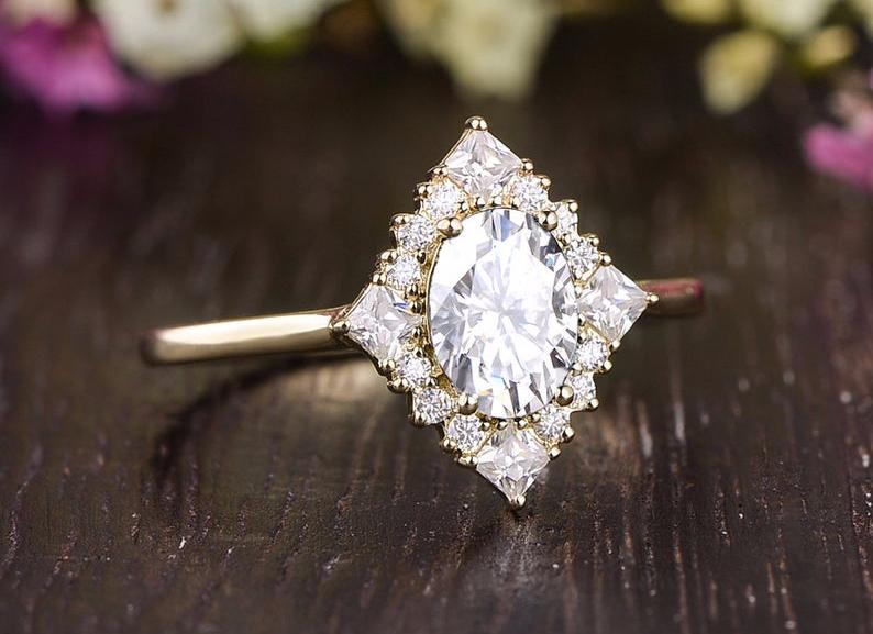 Oval Cut Lab Diamond Engagement Ring, Unique Vintage Halo Design