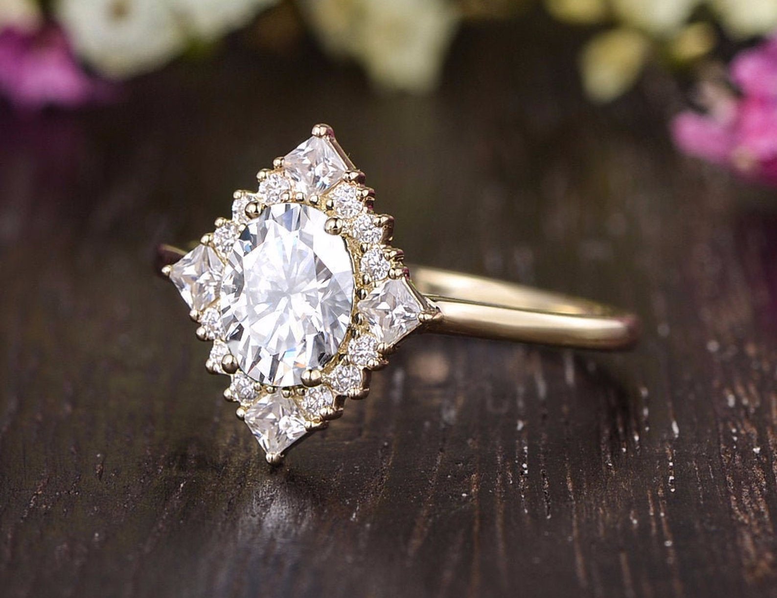 Oval Cut Lab Diamond Engagement Ring, Unique Vintage Halo Design
