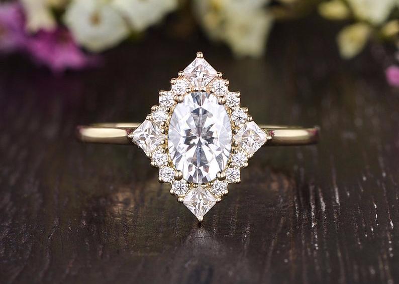 Oval Cut Lab Diamond Engagement Ring, Unique Vintage Halo Design