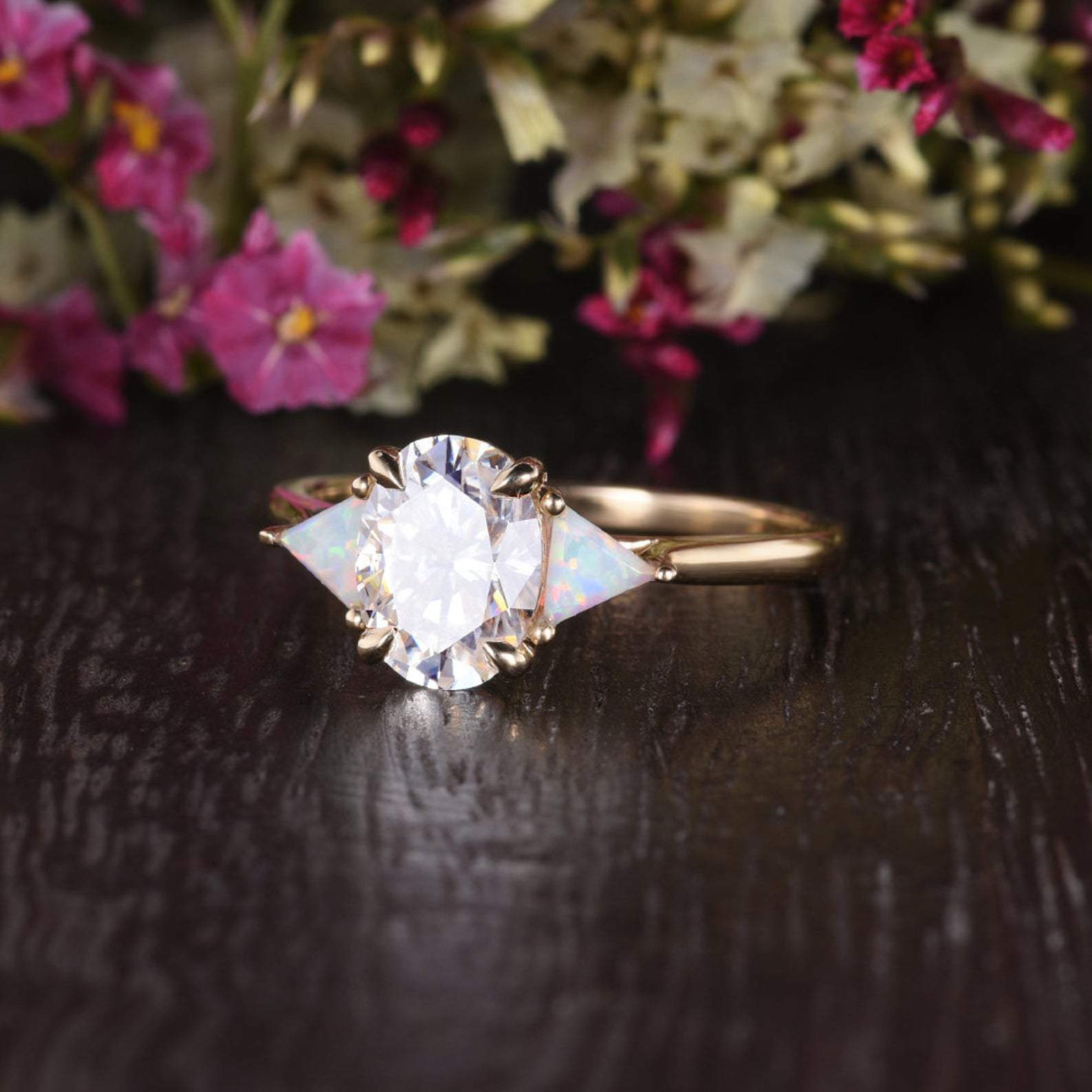 Oval Cut Lab Diamond & Opal Engagement Ring, Edwardian Design