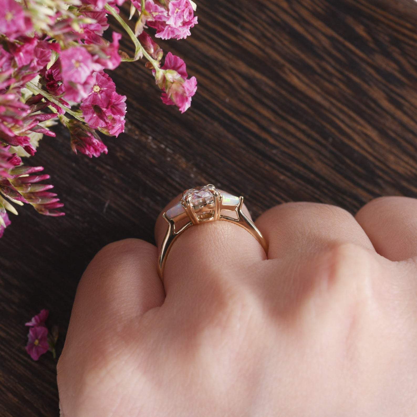 Oval Cut Lab Diamond & Opal Engagement Ring, Edwardian Design