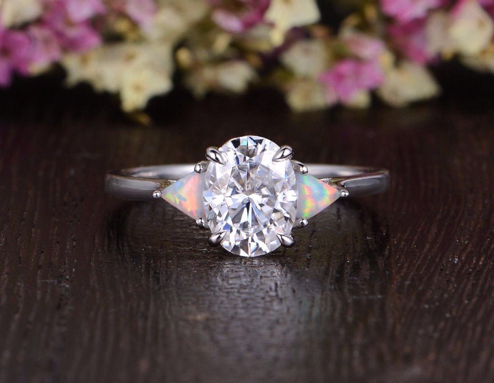 Oval Cut Lab Diamond & Opal Engagement Ring, Edwardian Design