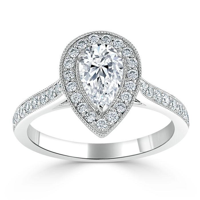 Pear Cut Lab Diamond Engagement Ring, Classic Halo Design