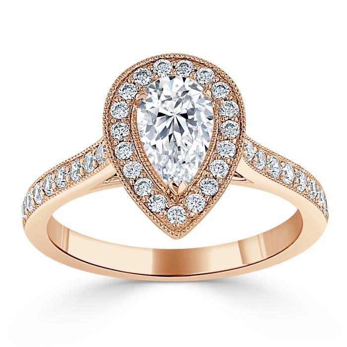 Pear Cut Lab Diamond Engagement Ring, Classic Halo Design