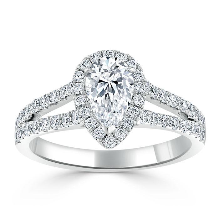 Pear Cut Lab Diamond Engagement Ring, Classic Halo with Split Shank