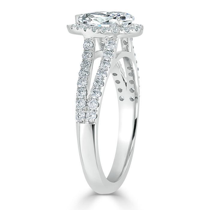 Pear Cut Lab Diamond Engagement Ring, Classic Halo with Split Shank