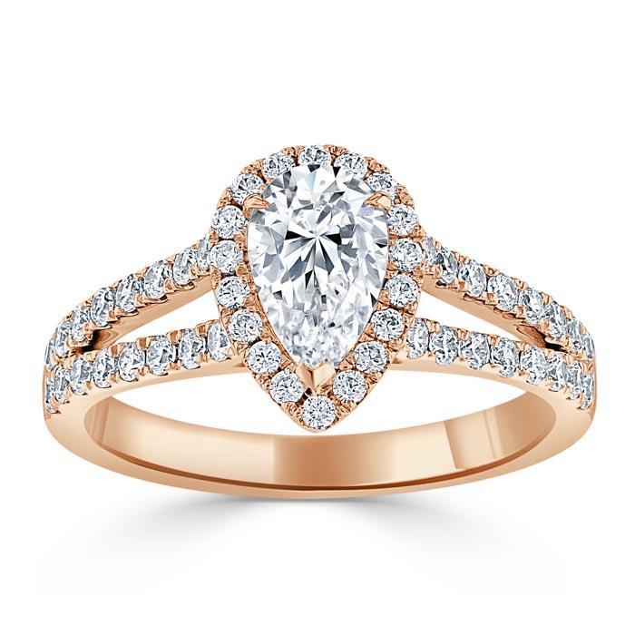 Pear Cut Lab Diamond Engagement Ring, Classic Halo with Split Shank