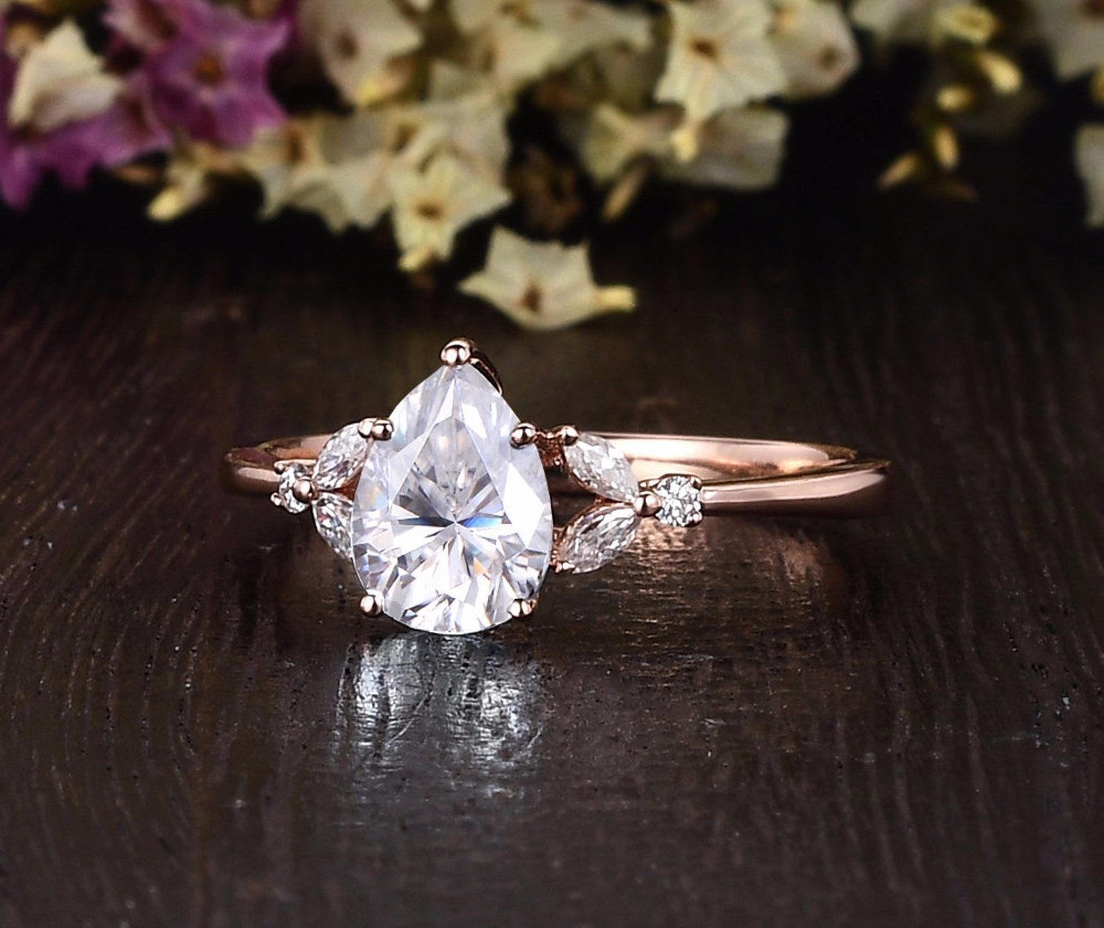Pear Cut Lab Diamond Engagement Ring, Vintage Design
