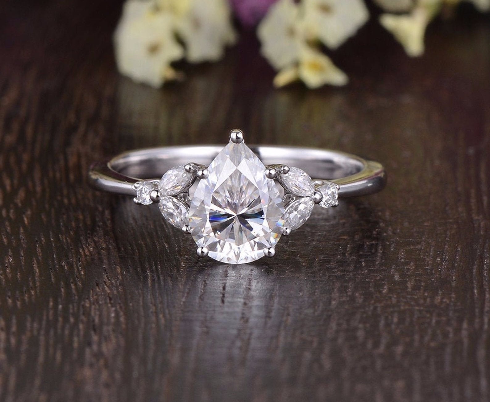 Pear Cut Lab Diamond Engagement Ring, Vintage Design