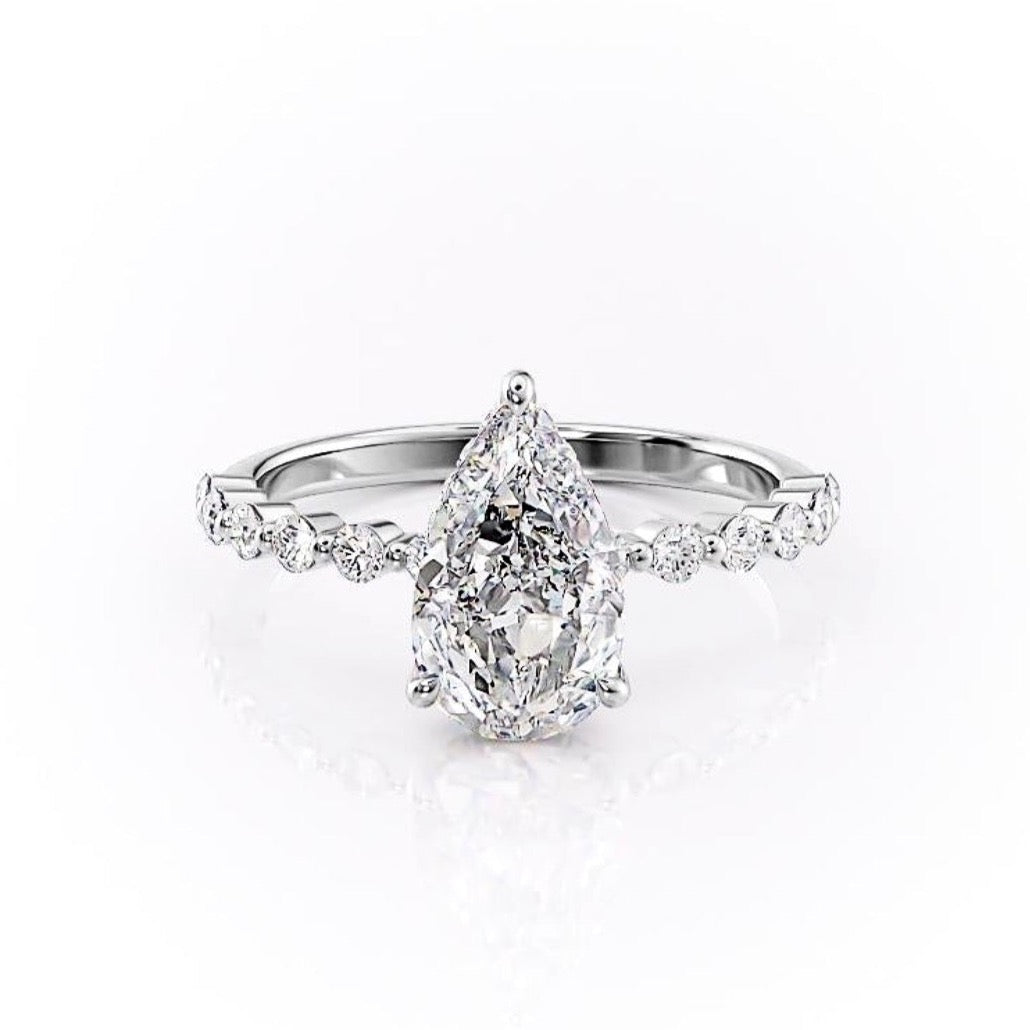 Pear Cut Lab Diamond Shoulder Set Ring With Hidden Halo