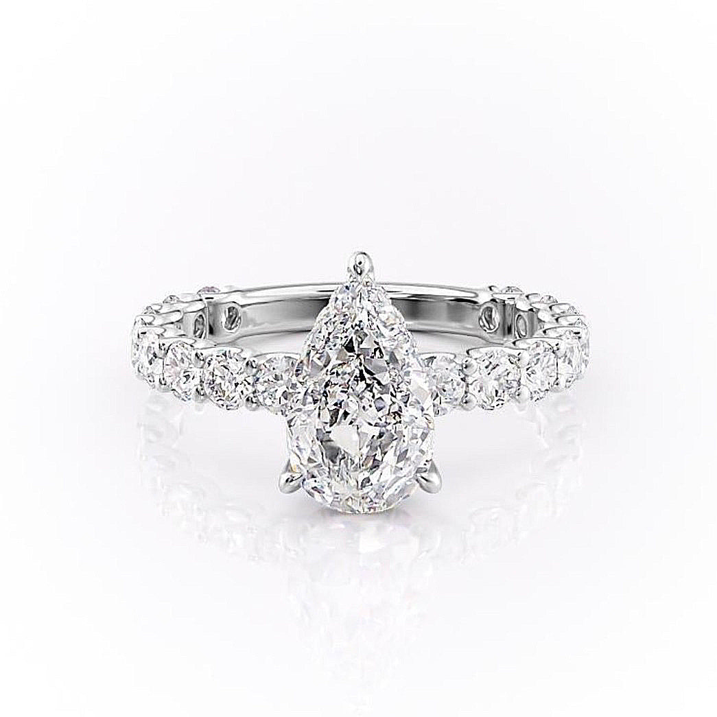 Pear Cut Lab Diamond Stone Set Shoulders With Hidden Halo