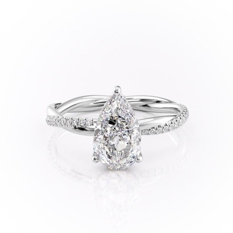 Pear Cut Lab Diamond Twisted Shoulder Set Ring With Hidden Halo