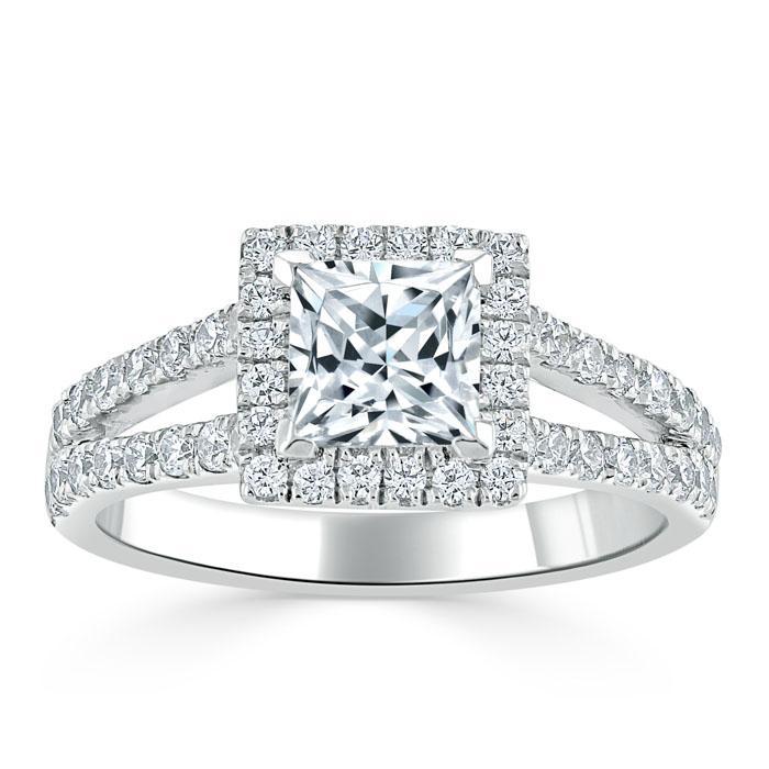 Princess Cut Lab Diamond Engagement Ring, Classic Halo with Split Shank