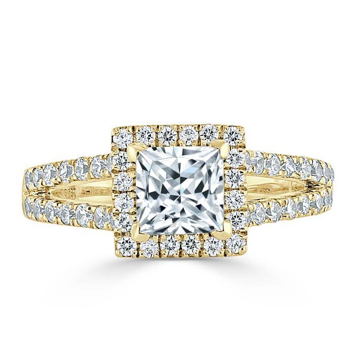 Princess Cut Lab Diamond Engagement Ring, Classic Halo with Split Shank