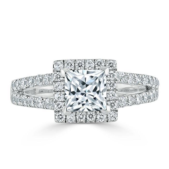 Princess Cut Lab Diamond Engagement Ring, Classic Halo with Split Shank