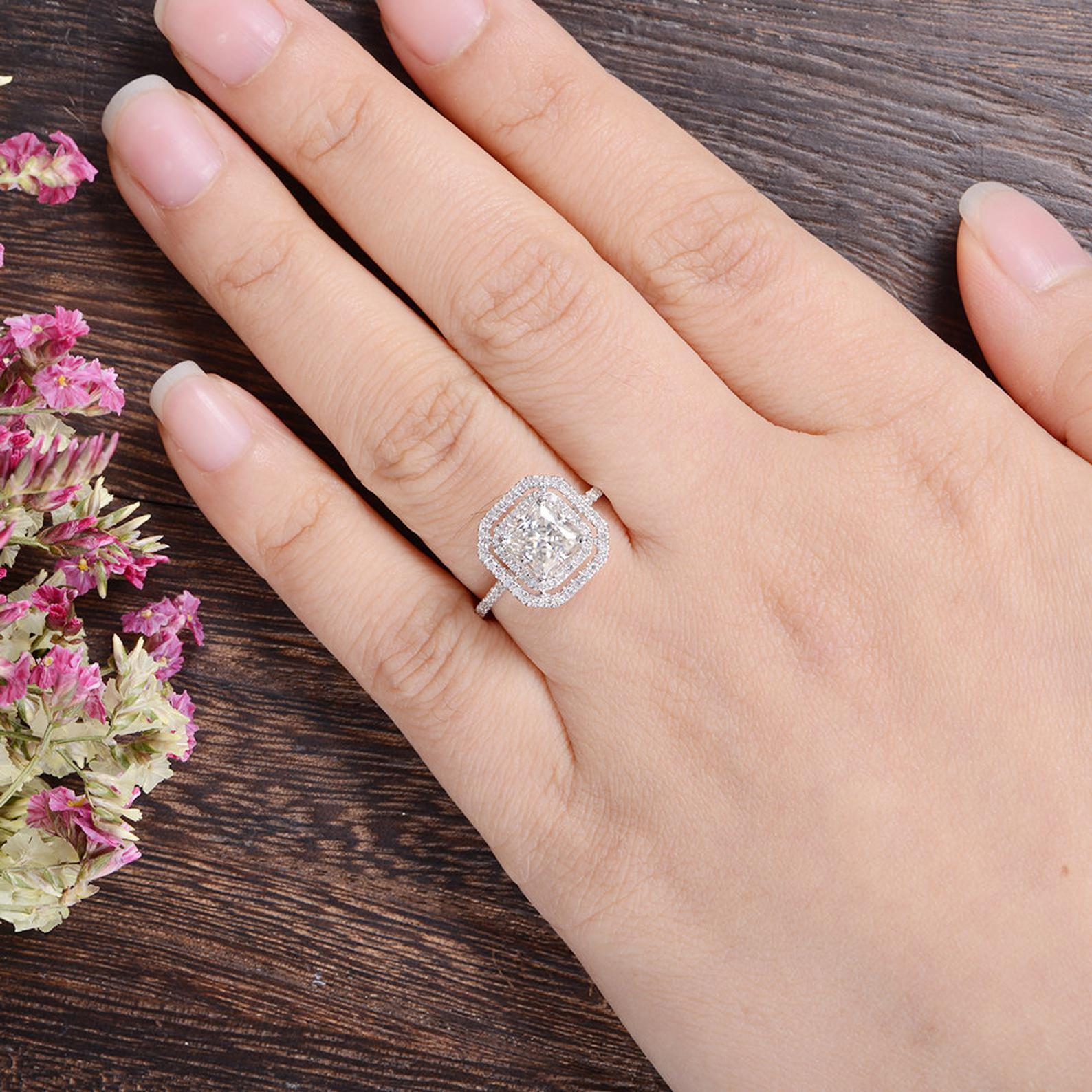 Princess Cut Lab Diamond Engagement Ring, Vintage Design