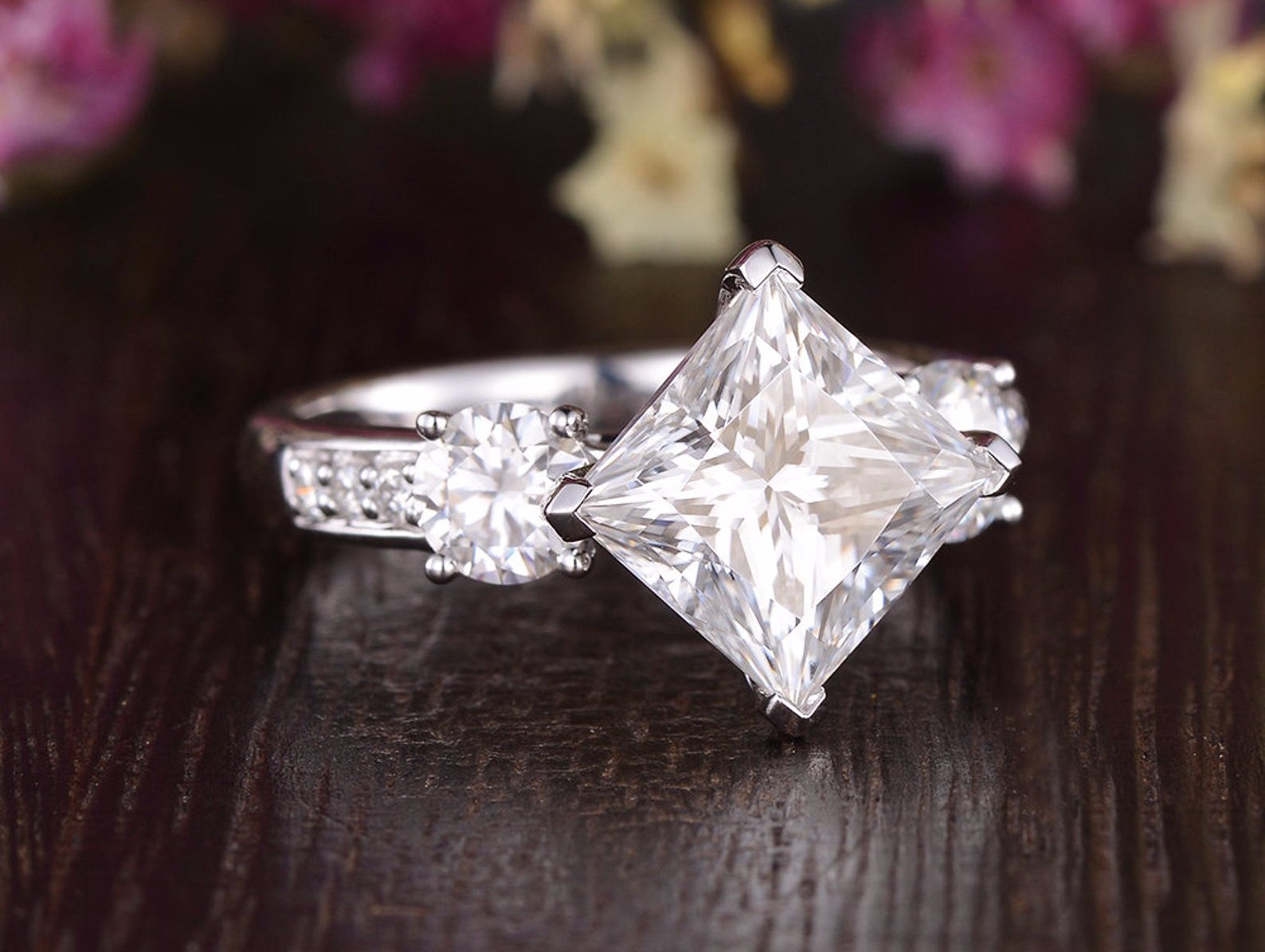 Princess Cut Lab Diamond Engagement Ring, Vintage Design
