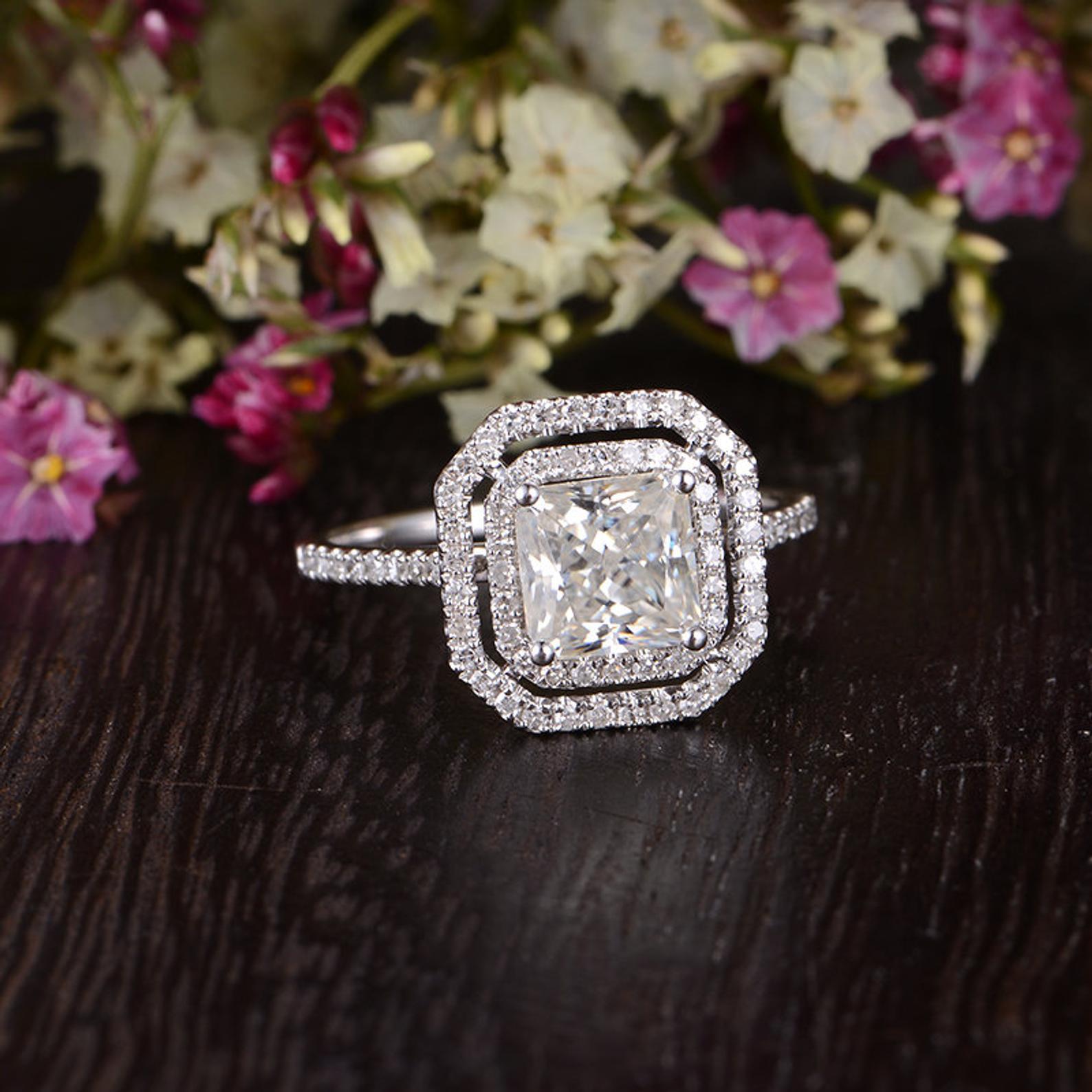 Princess Cut Lab Diamond Engagement Ring, Vintage Design