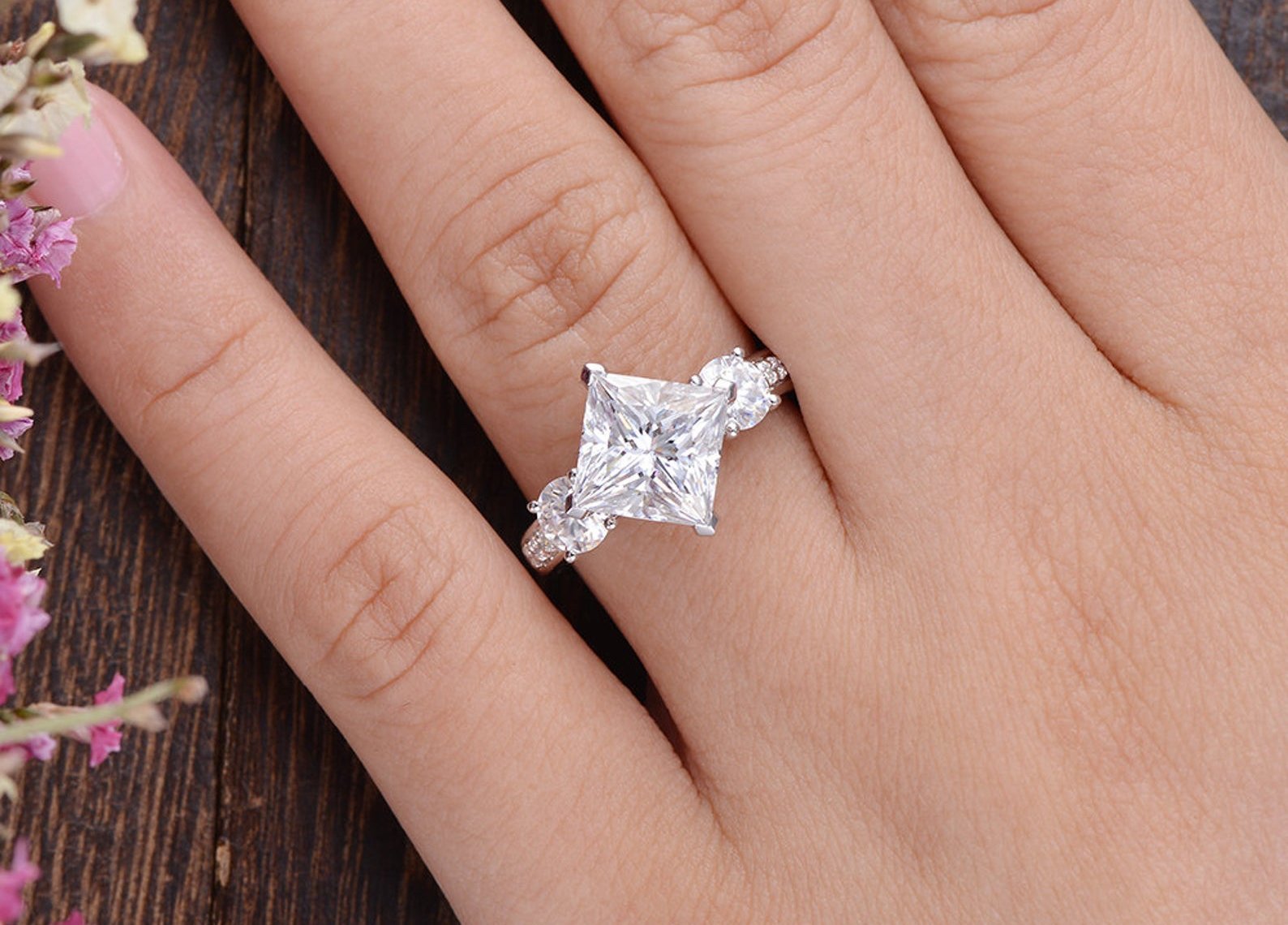 Princess Cut Lab Diamond Engagement Ring, Vintage Design