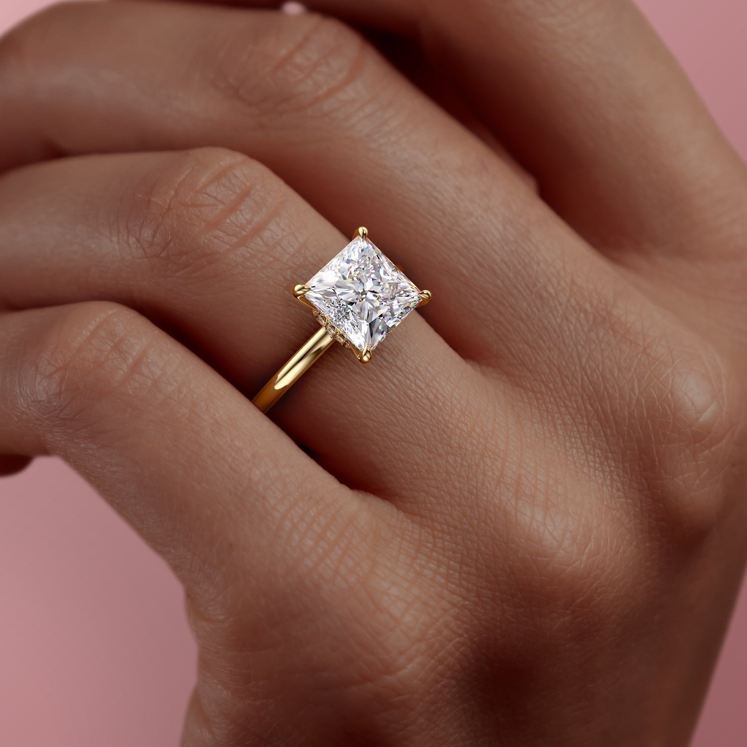 Princess Cut Lab Diamond, Plain Band With Hidden Halo