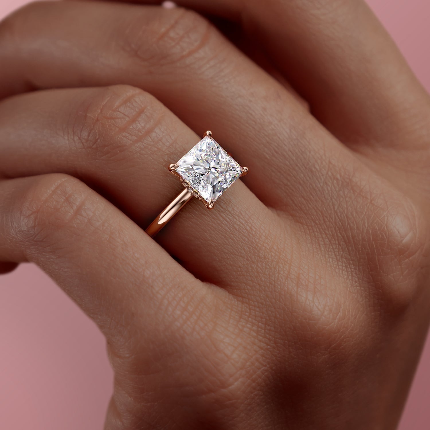 Princess Cut Lab Diamond, Plain Band With Hidden Halo