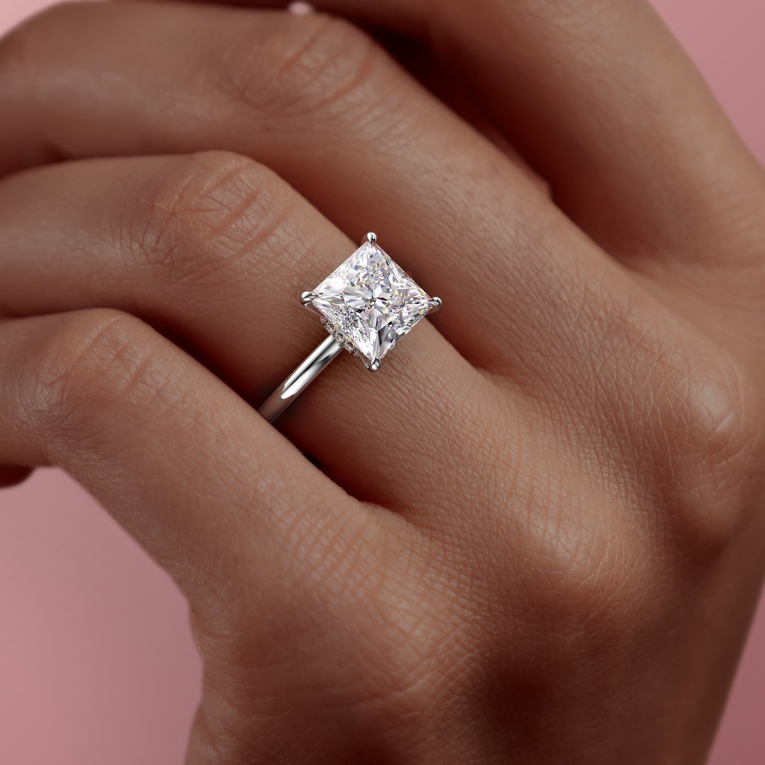 Princess Cut Lab Diamond, Plain Band With Hidden Halo