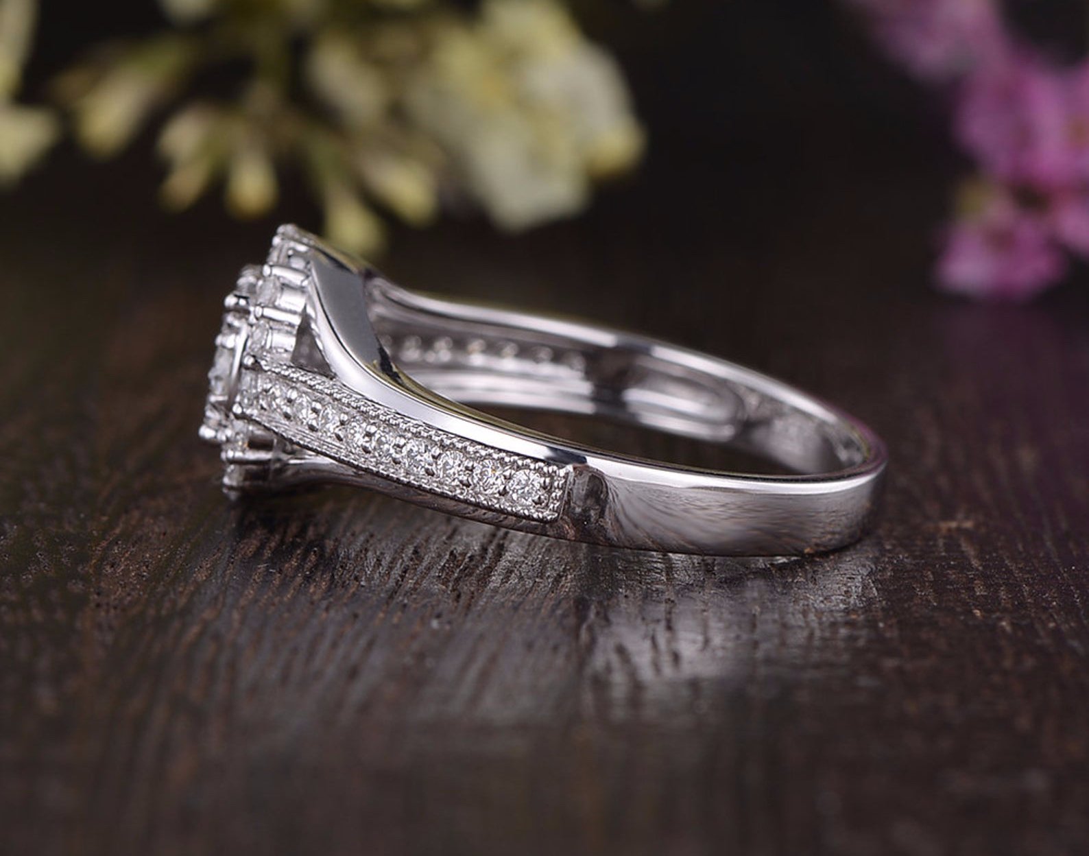 Round Cut Lab Diamond Cluster Engagement Ring, Vintage Design