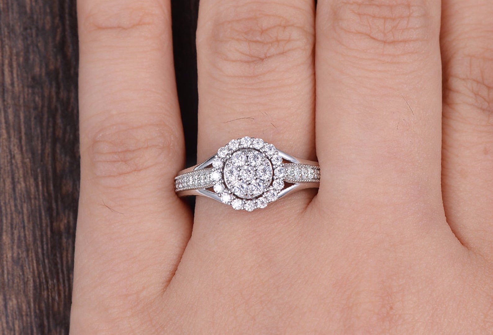 Round Cut Lab Diamond Cluster Engagement Ring, Vintage Design