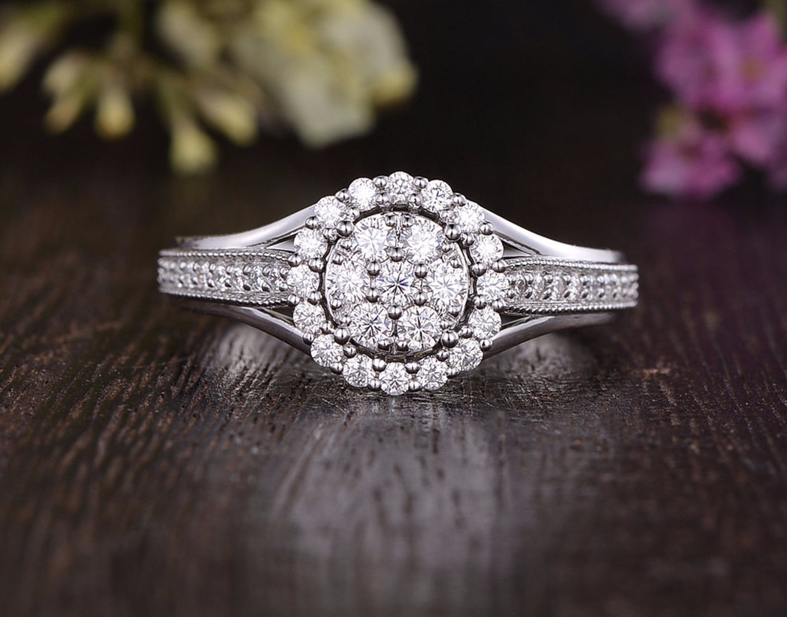 Round Cut Lab Diamond Cluster Engagement Ring, Vintage Design