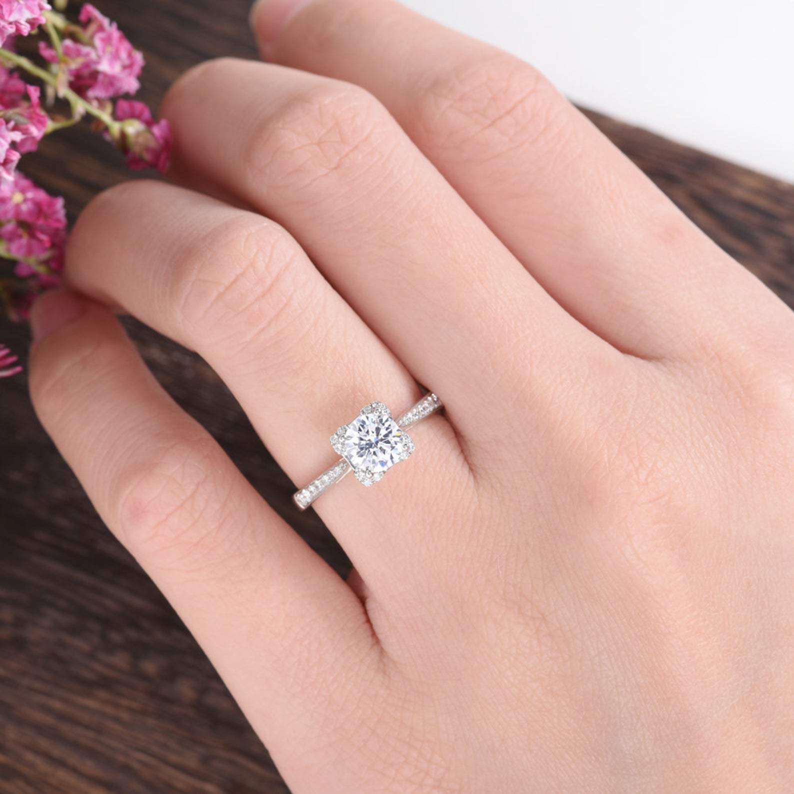 Round Cut Lab Diamond Engagement Ring, Art Deco Design