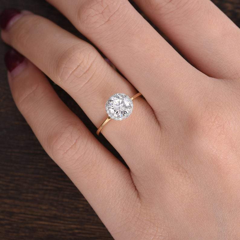 Round Cut Lab Diamond Engagement Ring, Art Deco Halo Design