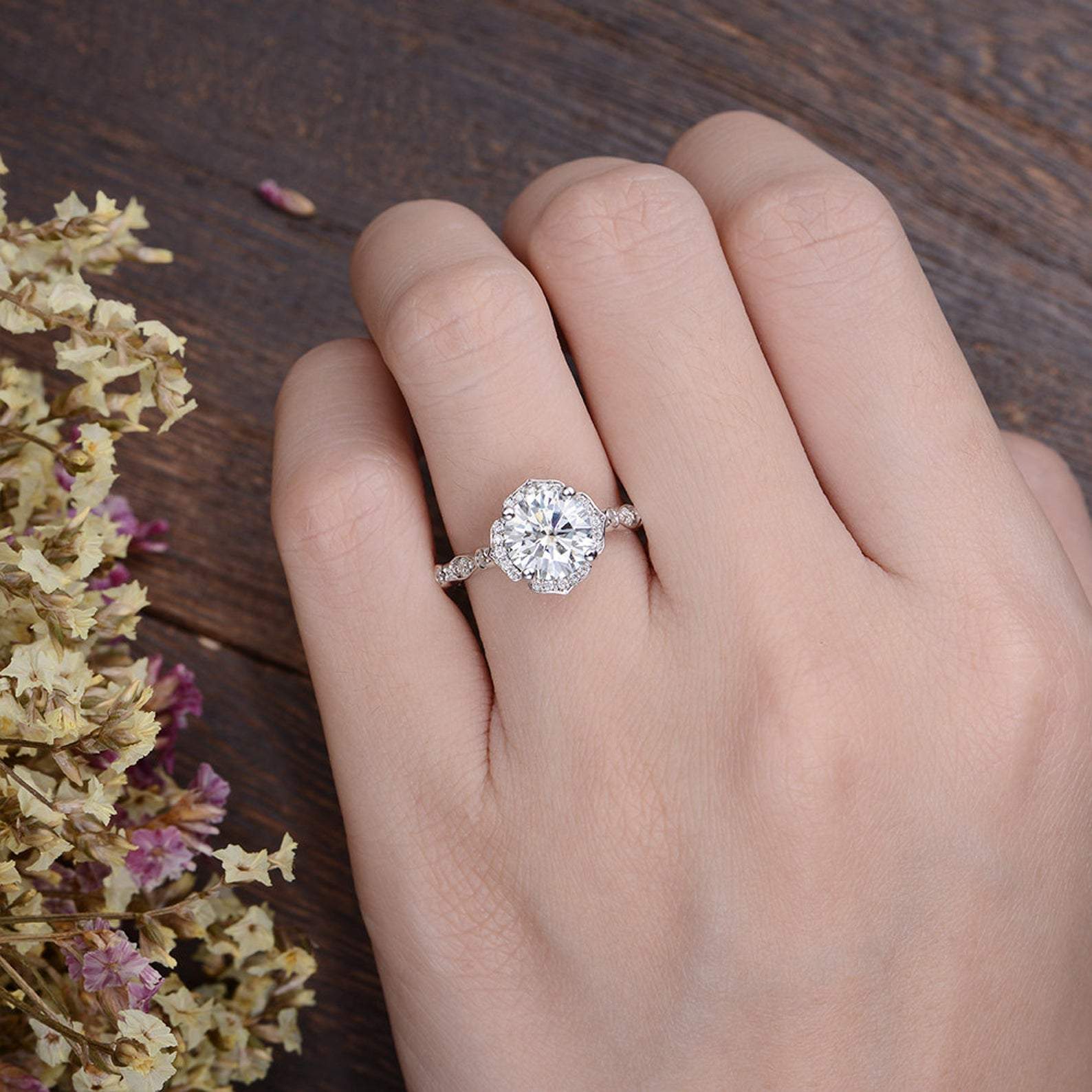 Round Cut Lab Diamond Engagement Ring, Art Deco Halo Design