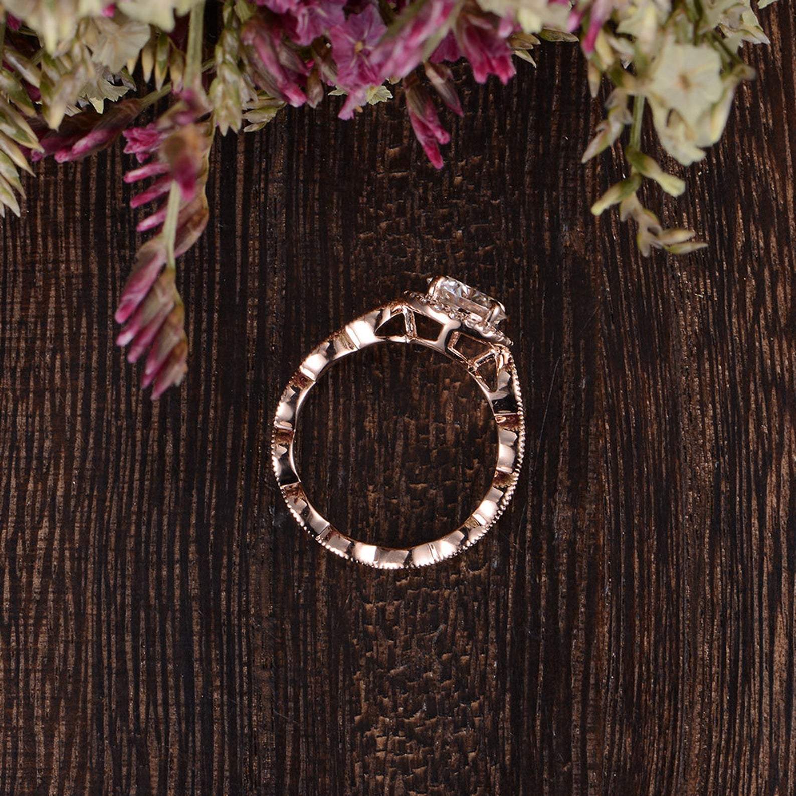 Round Cut Lab Diamond Engagement Ring, Art Deco Halo Design