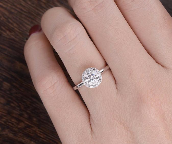 Round Cut Lab Diamond Engagement Ring, Art Deco Halo Design