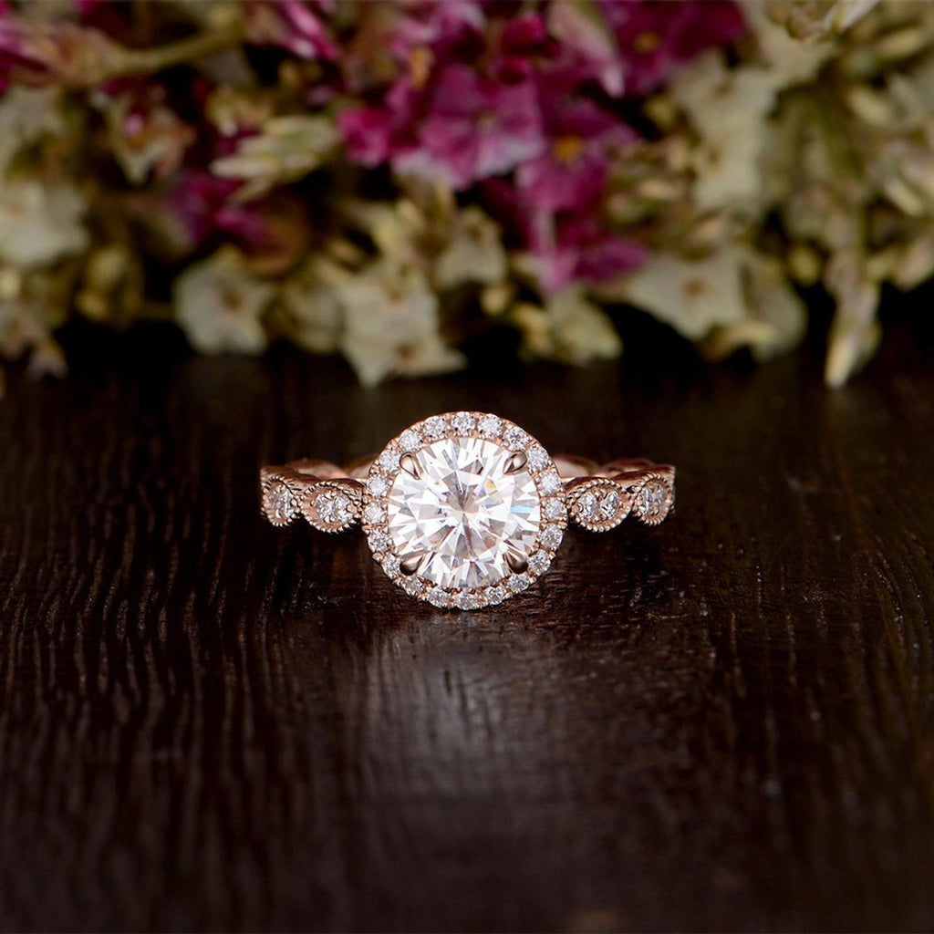 Round Cut Lab Diamond Engagement Ring, Art Deco Halo Design