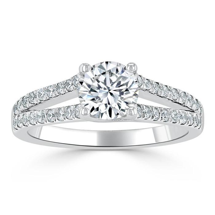 Round Cut Lab Diamond Engagement Ring, Tiffany Style Double Row Band