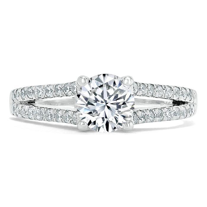 Round Cut Lab Diamond Engagement Ring, Tiffany Style Double Row Band