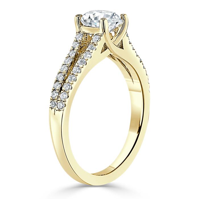 Round Cut Lab Diamond Engagement Ring, Tiffany Style Double Row Band