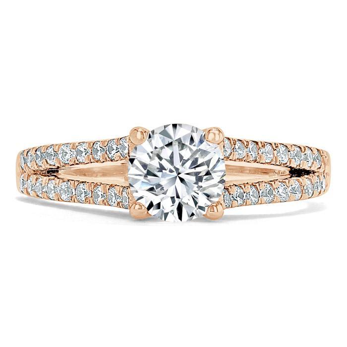 Round Cut Lab Diamond Engagement Ring, Tiffany Style Double Row Band